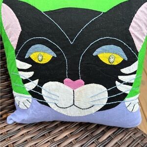Folk art Cat Face Pillow with Green and Purple Accents Pop Art